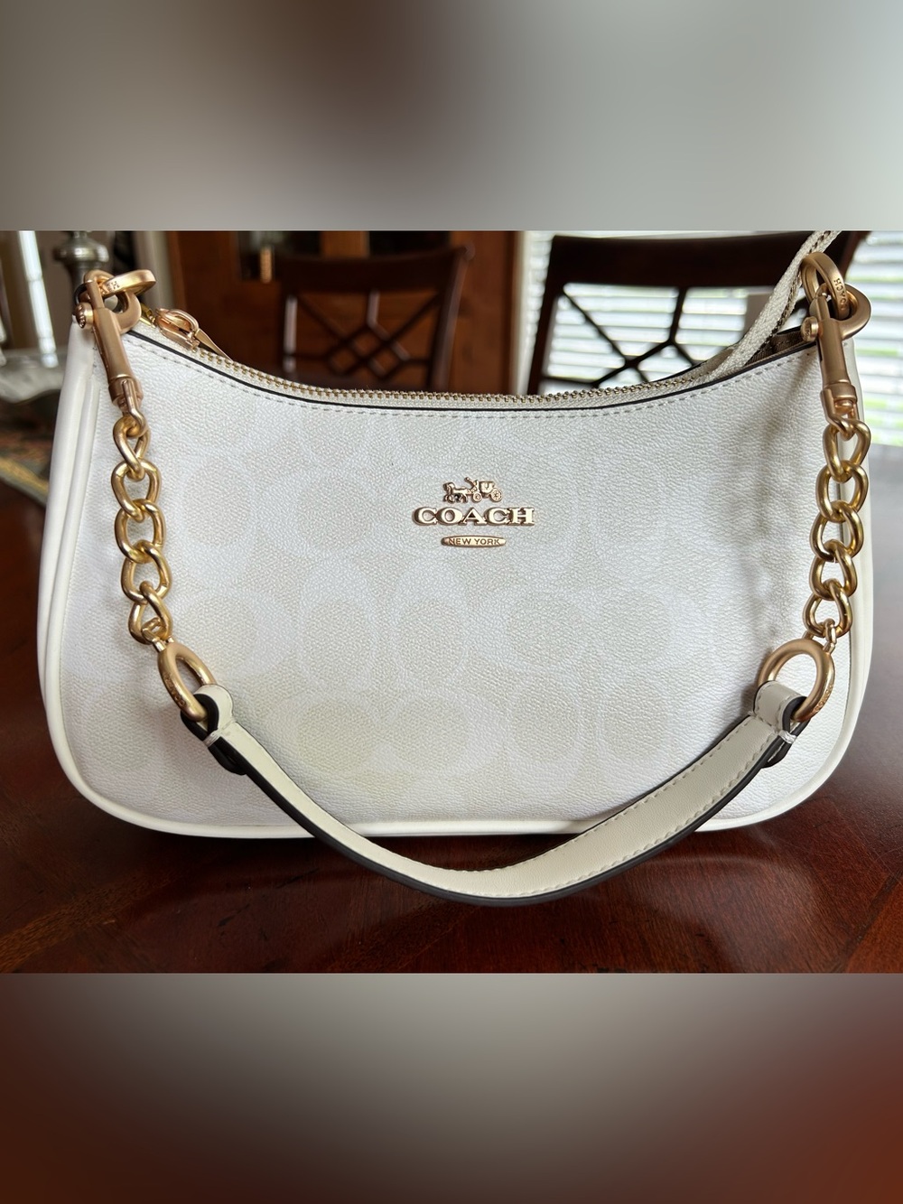 Coach White Signature Teri with Gold Chain Detail